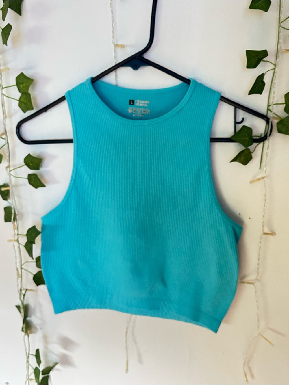 Turquoise Ribbed High-Neck Crop Tank